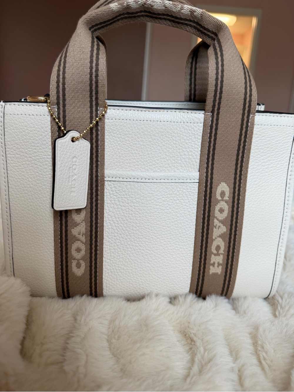 Coach Smith Tote 24 Chalk Pebbled Leather Crossbody CZ414 Ivory Brown Strap